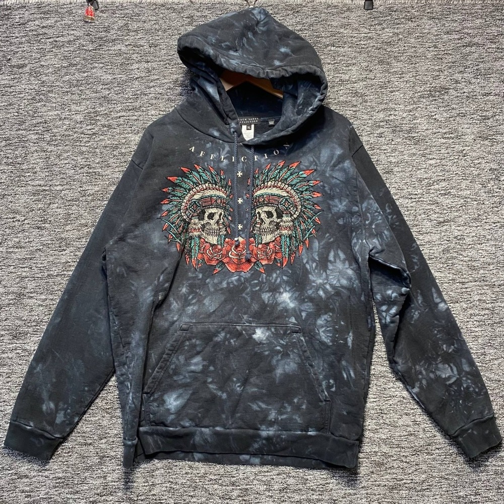 Affliction Black Label Hoodie Mens XL Skull Native Headdress Tie Dye Cyber Y2K